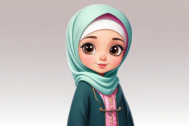 Cute Kid Girl Hijab Personagem de desenho animado Vector Premium