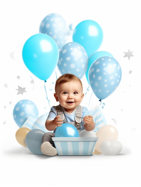 Cute Kid sentado con una canasta y sosteniendo globos de colores