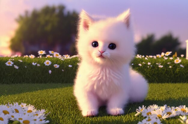 Cute Kitty auf grünem Rasen mit Gänseblümchen bei Sonnenuntergang Kleine Katze auf grünem Gras mit wilden Blumen Kamille Generative AI