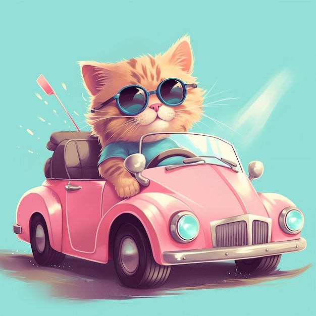 Cute Kitty Driving Sports Car Funny Animal in Car Generative AI