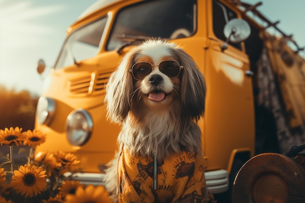 Cute kleiner Hund mit Sonnenbrille in den Bergen Cute Haustier Hund sitzt auf einem Felsen neben einem gelben Auto