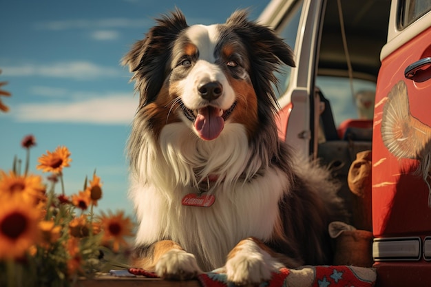 Cute kleiner Hund mit Sonnenbrille in den Bergen Cute Haustier Hund sitzt auf einem Felsen neben einem gelben Auto