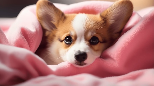 Cute kleines Welpen von Ingwer Hund Corgi liegt in rosa