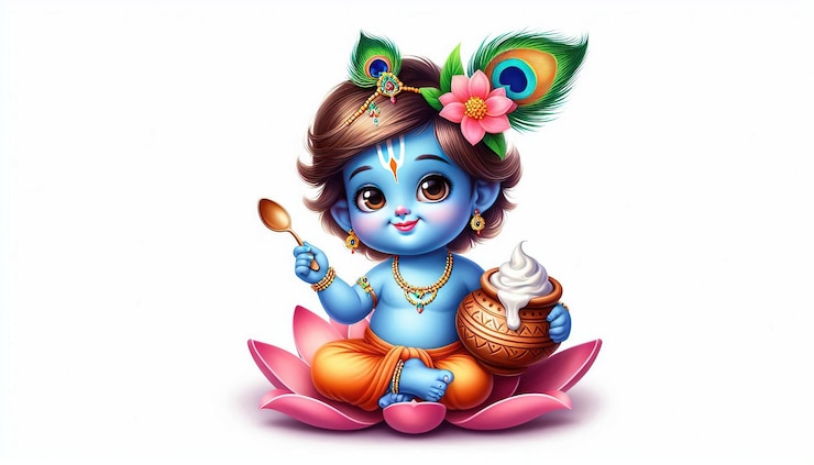 Foto cute krishna comendo makhan isolado em fundo branco generative ai baby krishn comendo em colher