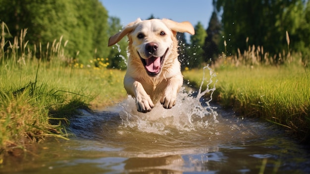 Cute labrador retriever cão correndo fora da natureza imagem AI arte gerada