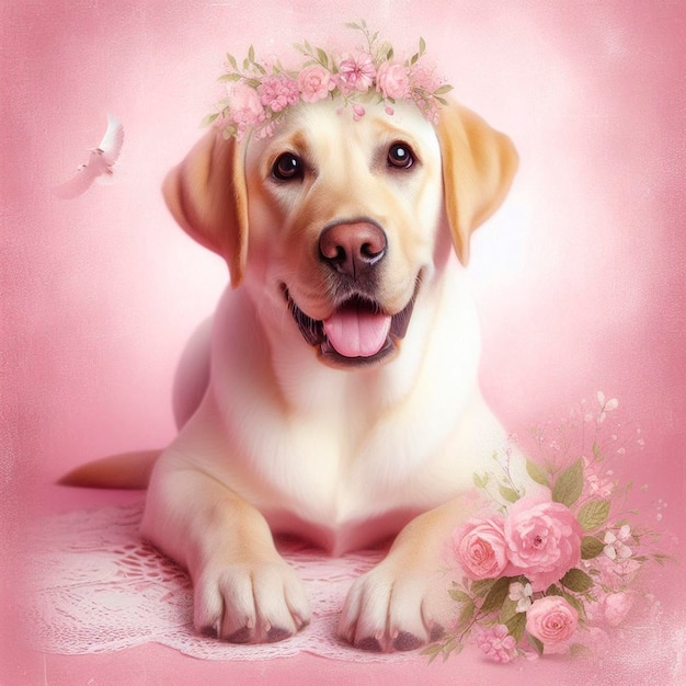 Cute labrador retriever cão em fundo rosa pintura digital