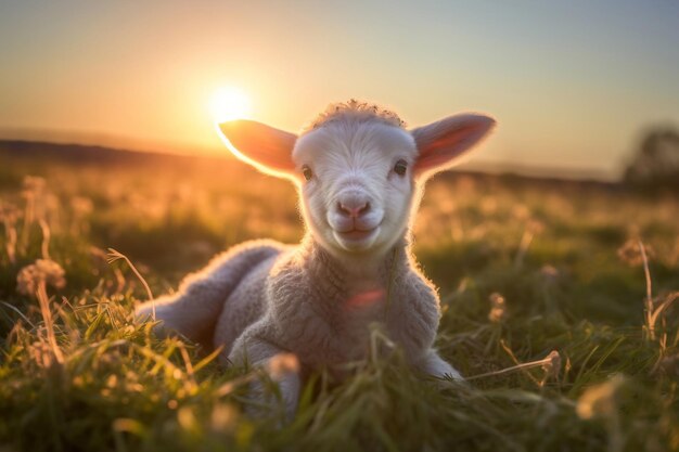 Cute Lamb on Meadow at Sunrise Generative ai