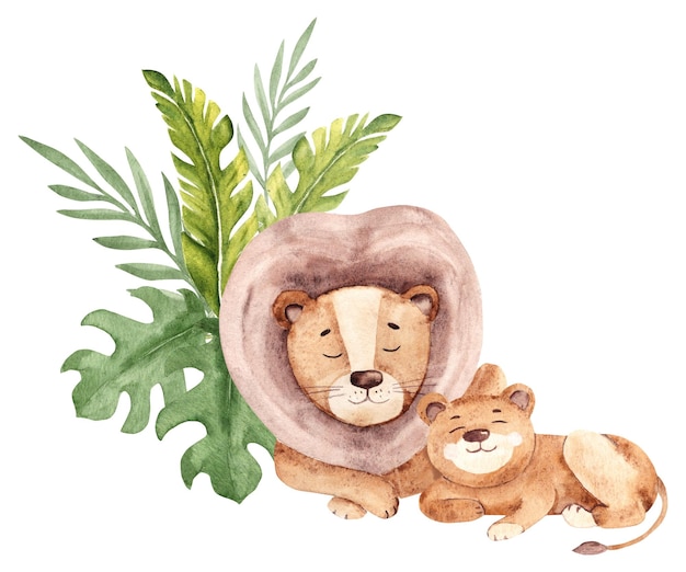 Cute leão pai com seu filhote deitado em folhas tropicais dia dos pais ilustração aquarela desenhada à mão