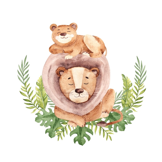 Cute leão pai com seu filhote deitado em folhas tropicais dia dos pais ilustração aquarela safari