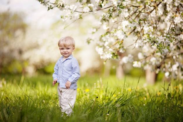 Cute little boyin el jardín con manzanos florecientes. Niño sonriente divirtiéndose y disfrutando