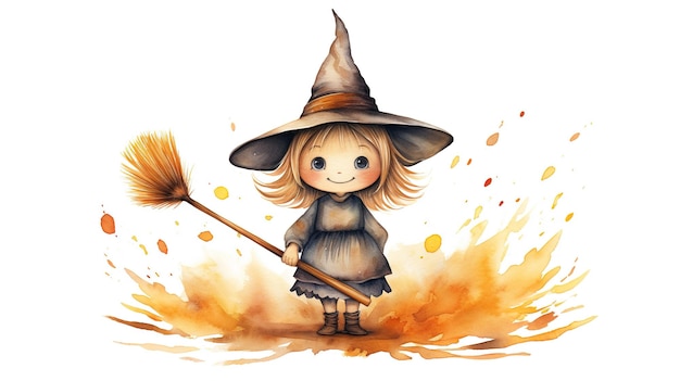 Cute Little Witch Acuarela Ilustración IA generativa