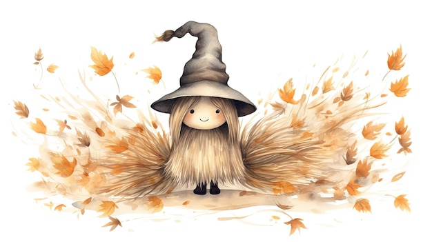 Cute Little Witch Acuarela Ilustración IA generativa