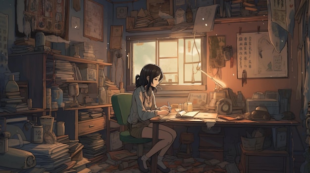 Cute Lofi Girl estação de trabalho fundo de papel de parede feminino anime manga fofo aconchegante Generative AI