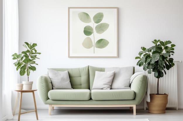 Cute Loveseat sofá ao lado de vaso planta de casa contra a parede com quadro cartaz em casa escandinava