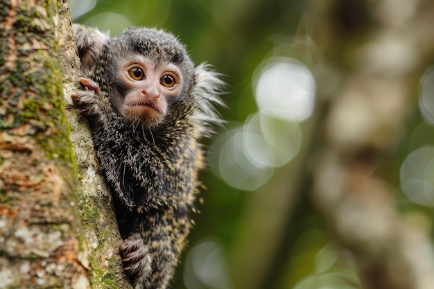 Foto cute marmoset macaco empoleirado em uma árvore primate selvagem do brasil 32 relação de aspecto