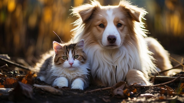 Cute mascota sentada juntos y cerrar el retrato de un hermoso gato y perro