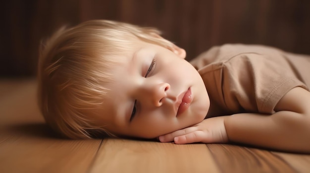 Cute menino da Europa deitado no chão dormindo com os olhos fechados em fundo de cor marrom claro