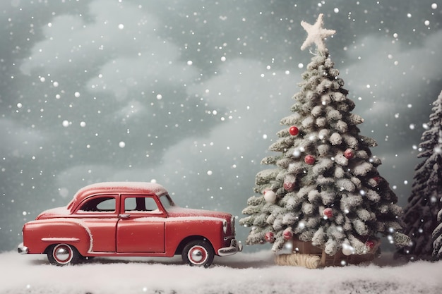Cute Miniatur-Auto im Weihnachtsschnee-Hintergrund
