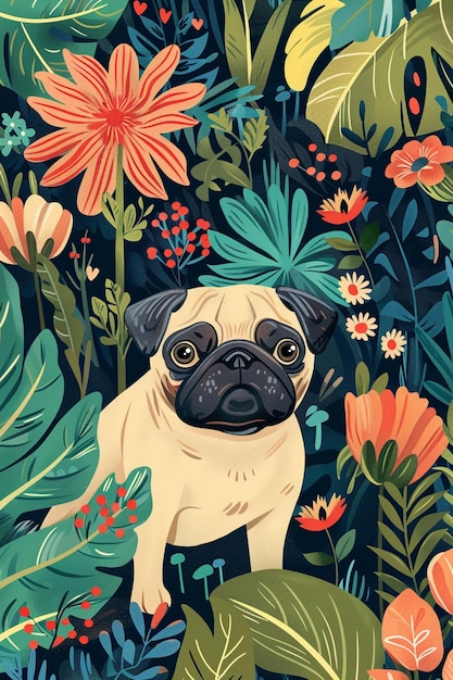 Cute Mops sitzt unter tropischen Pflanzen und Blumen in der Wald-Grüßkarten-Illustration