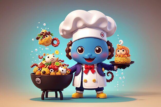 Cute Octopus Chef com Takoyaki Alimentação Ícone de desenho animado Vector Ilustração Icon de Alimentação Animal Conceito Isolado Premium Vector Flat Estilo de desenhos animados