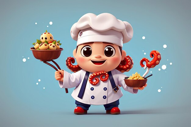 Cute Octopus Chef com Takoyaki Alimentação Ícone de desenho animado Vector Ilustração Icon de Alimentação Animal Conceito Isolado Premium Vector Flat Estilo de desenhos animados