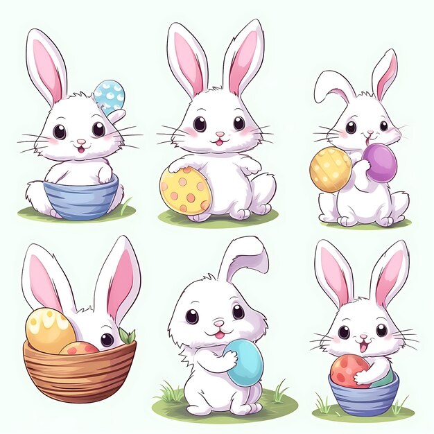 Cute Ostern Cartoon kleines Kaninchen mit Ostereier Korb im Gras generiert Ai Illustration