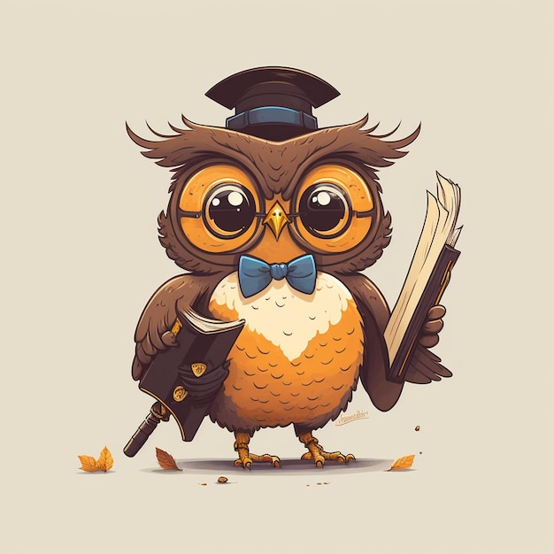 Cute Owl está sosteniendo una caricatura de libro de mago