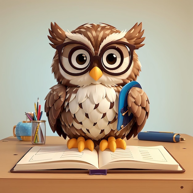 Foto cute owl writing on book with pen cartoon vector icon ilustração animal educação icon conceito vector premium isolado