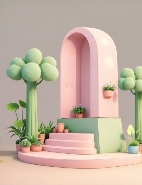 Cute palco decoração pódio com minimalista simples cor pastel rosa plantas verdes 3d