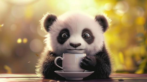 Cute Panda bebendo café no fundo Generative Ai