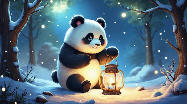 A Cute Panda Holding a Lantern in a Snowy Winter Scene