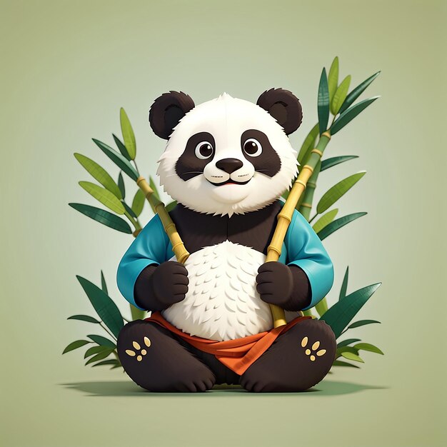 Foto cute panda kungfu meditação segurando bambu ícone vetorial de desenho animado ilustração ícone de natureza animal conceito isolado estilo de desenho ilustrado de vetor plano premium