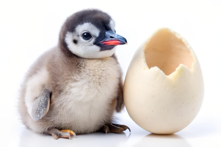Foto cute penguin chick next to its eggshell uma imagem em close de um lindo pinguim filhote sentado ao lado de sua casca de ovo quebrada o filhote é fofo e adorável com grandes olhos escuros e um bico pequeno