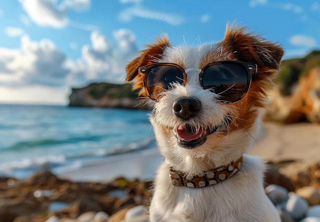 Cute pequeno cão Jack Russell usando óculos de sol sentado em uma rocha na praia nas férias de verão