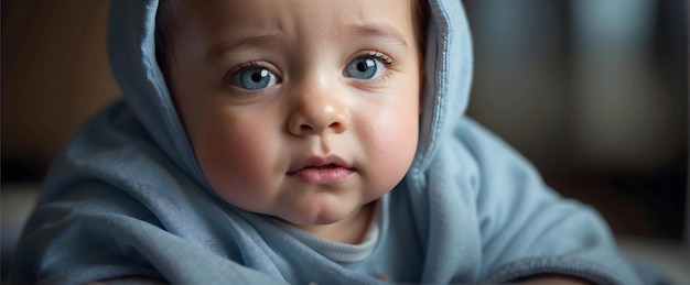 Foto cute pequeno recém-nascido bebê menino olhos azuis retrato fundo adorável criança papel de parede bandeira inteligência