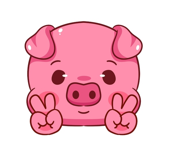 Cute Pig Poses Peace Hand Sign Gesture Personagem de desenho animado Adorável e Kawaii Animal Icon Mascot