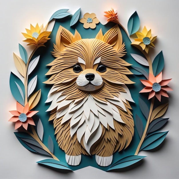 Cute Pomeranian Dog Paper Cut Estilo Design de Arte