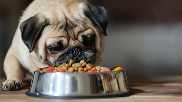 Foto cute pug e tigela de comida no chão em casa