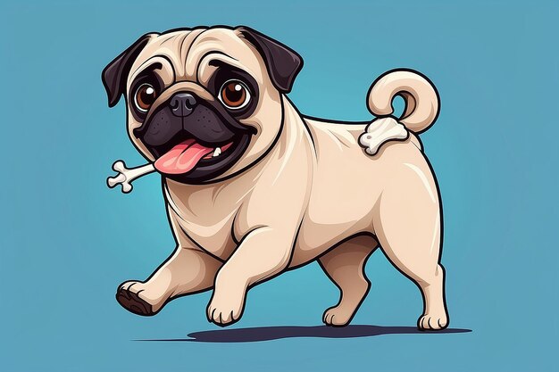 Cute pug perro corriendo con hueso dibujos animados icono vectorial ilustración animal naturaleza icono concepto aislado