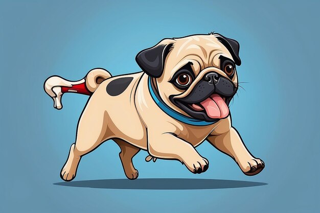 Cute pug perro corriendo con hueso dibujos animados icono vectorial ilustración animal naturaleza icono concepto aislado