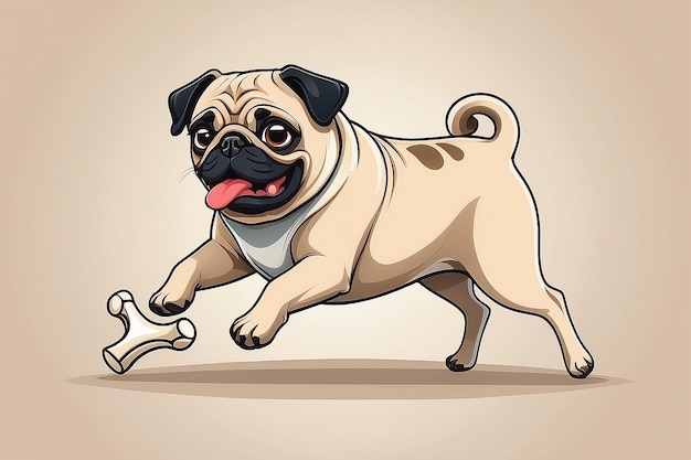 Cute pug perro corriendo con hueso dibujos animados icono vectorial ilustración animal naturaleza icono concepto aislado