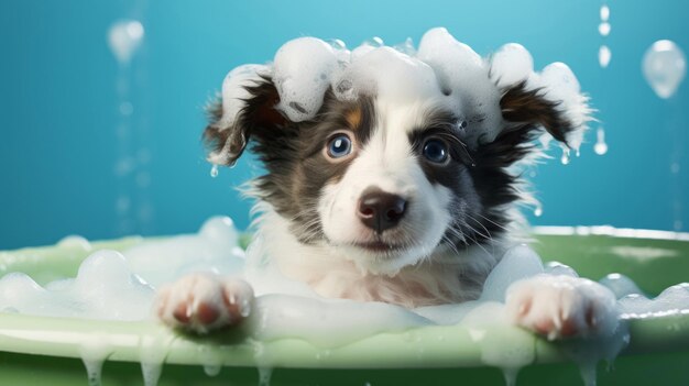 Foto cute puppy emoção de banho cercado por bolhas e salpicos brincalhões sudsy puppy amor de limpeza