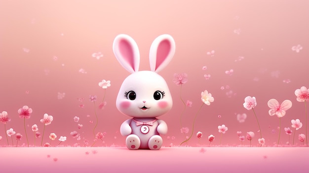 Cute Rabbit Artwork Desenho de personagens encantadores em fundo de fantasia rosa