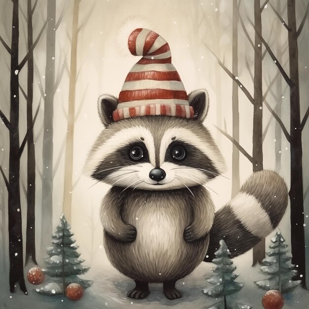 Foto cute raccoon mit weihnachtshut kawai zeichentrickfigur magische kinderbuch-illustration