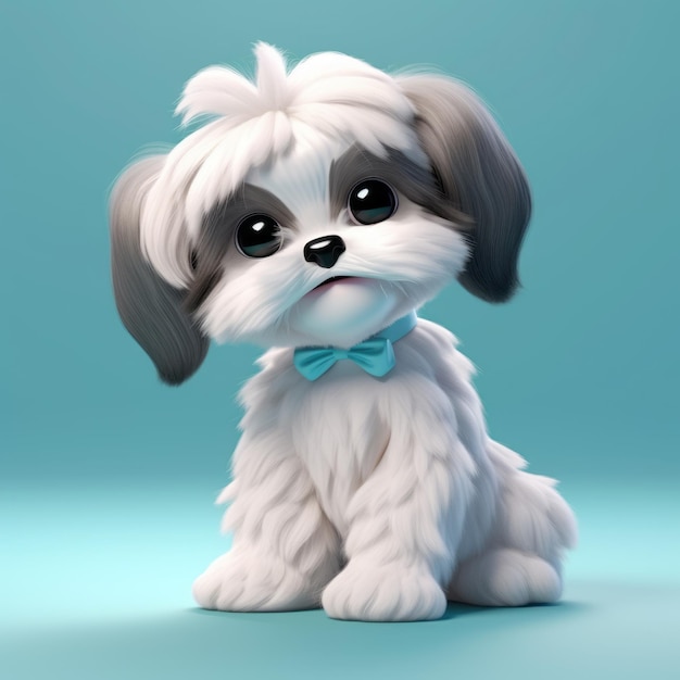 Cute renderização 3D de um cachorro Shih Tzu sentado em fundo azul