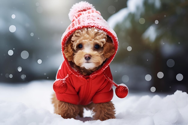 Cute roter Spielzeugpudel Welpe Hund in rotem warmen Anzug im schneebedeckten Winterwald Spaziergang Grußkarte