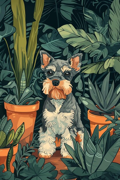 Foto cute sal e pimenta miniatura schnauzer cão sentado entre plantas tropicais e flores na floresta