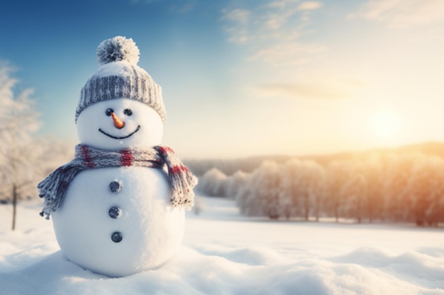 Cute Schneemann im Schnee mit Senta-Hut für frohe Weihnachten und Neujahrsfest Wintertapete AI