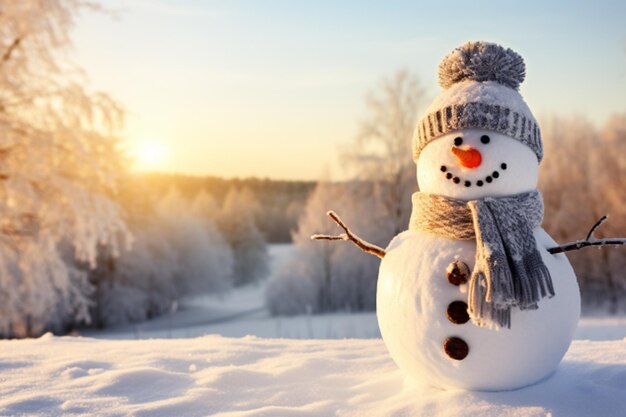 Cute Schneemann im Schnee mit Senta-Hut für frohe Weihnachten und Neujahrsfest Wintertapete AI