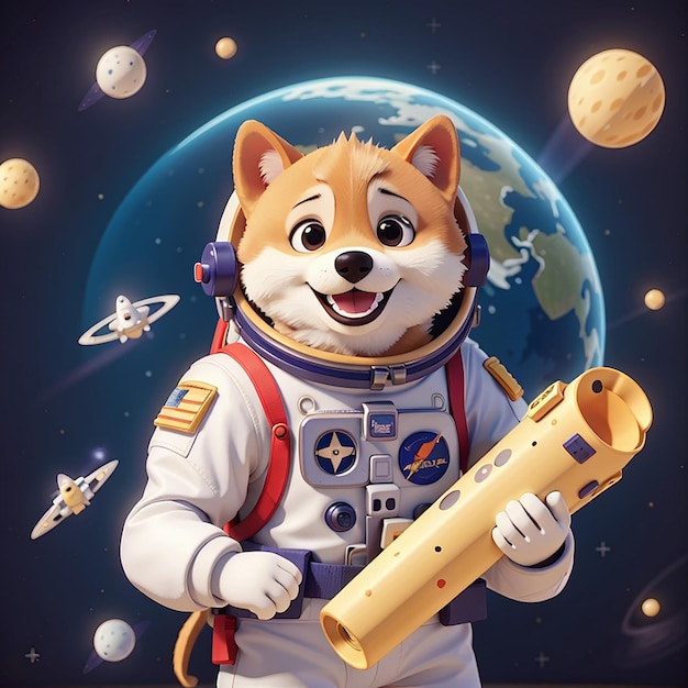 Cute shiba inu cão astronauta segurando bandeira de osso no espaço desenho animado ícone vetorial ilustração animal sci